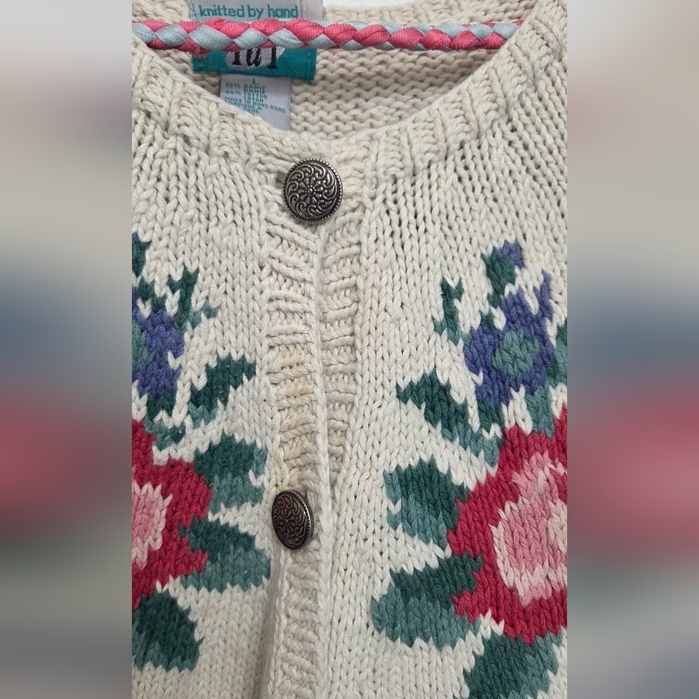 Vintage Tat Floral Hand Knitted Open Cardigan Coastal Sweater Sz L Ramie Blend - Picture 5 of 10